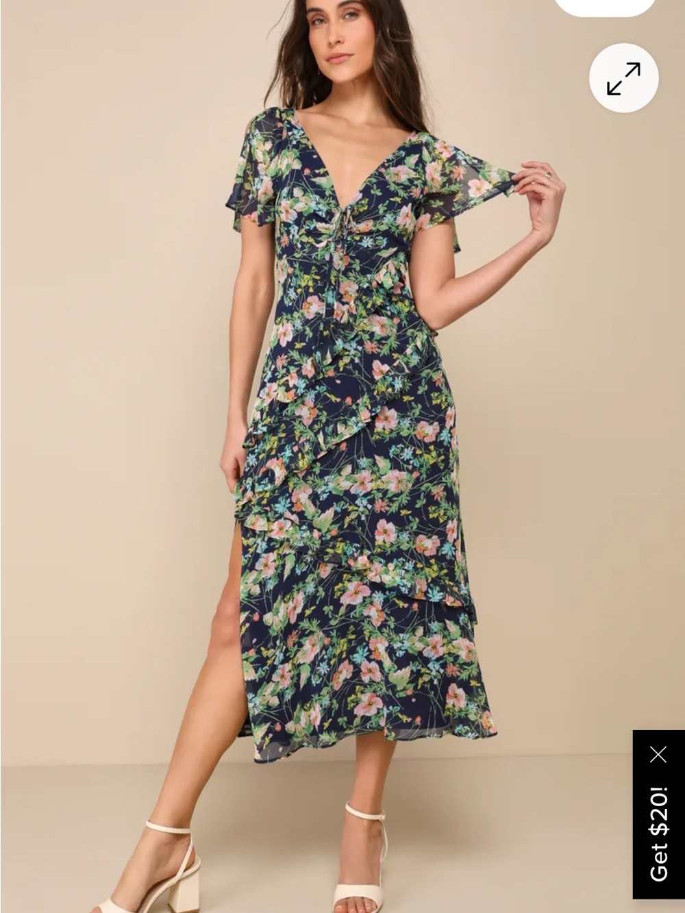 Next to You navy floral dress midi length LULUs new with tags size large wedding